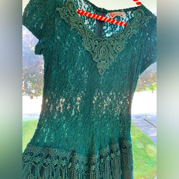 💚Vintage emerald Green Lace Dress Sen Shi Drop waist floral fringe - Picture 5 of 8